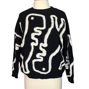 Dinosaur Knit Sweater Womens XS Black White Fuzzy 3D Pullover Novelty T Rex